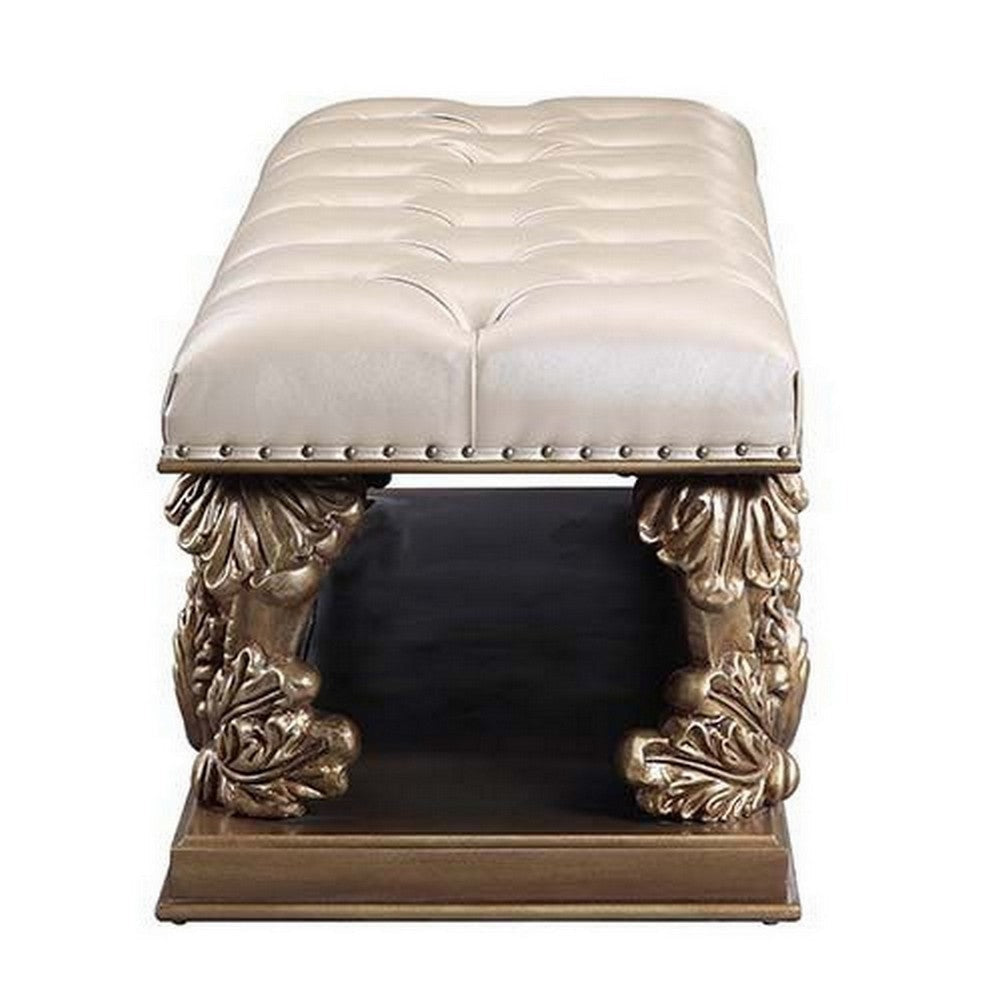 Bench with Button Tufted Seat and Heavy Scrolled Carving Antique Gold BM251168