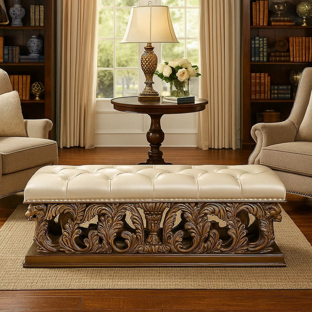 Bench with Button Tufted Seat and Heavy Scrolled Carving, Antique Gold