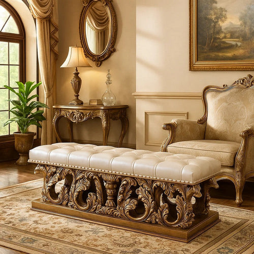 Bench with Button Tufted Seat and Heavy Scrolled Carving, Antique Gold