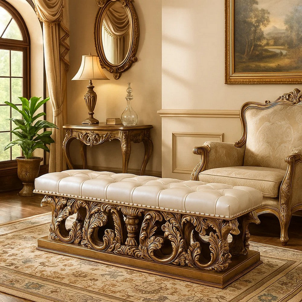 Bench with Button Tufted Seat and Heavy Scrolled Carving, Antique Gold