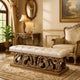 Bench with Button Tufted Seat and Heavy Scrolled Carving, Antique Gold