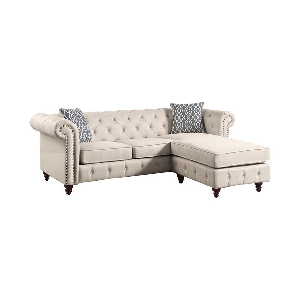 Reversible Sectional Sofa with Button Tufting and Rolled Arms, Beige By Casagear Home