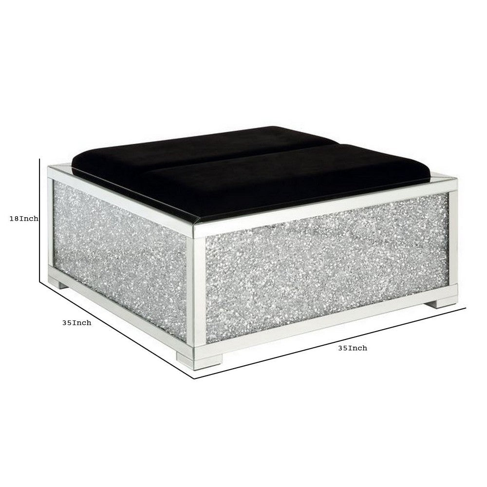 Mirrored Ottoman with Cushioned Seat and Faux Diamonds Silver By Casagear Home BM251179