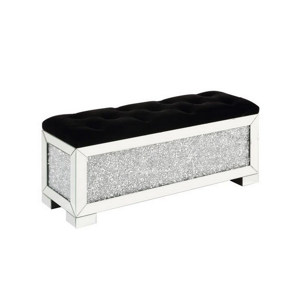 Mirrored Bench with Tufted Seat and Faux Diamonds, Silver By Casagear Home