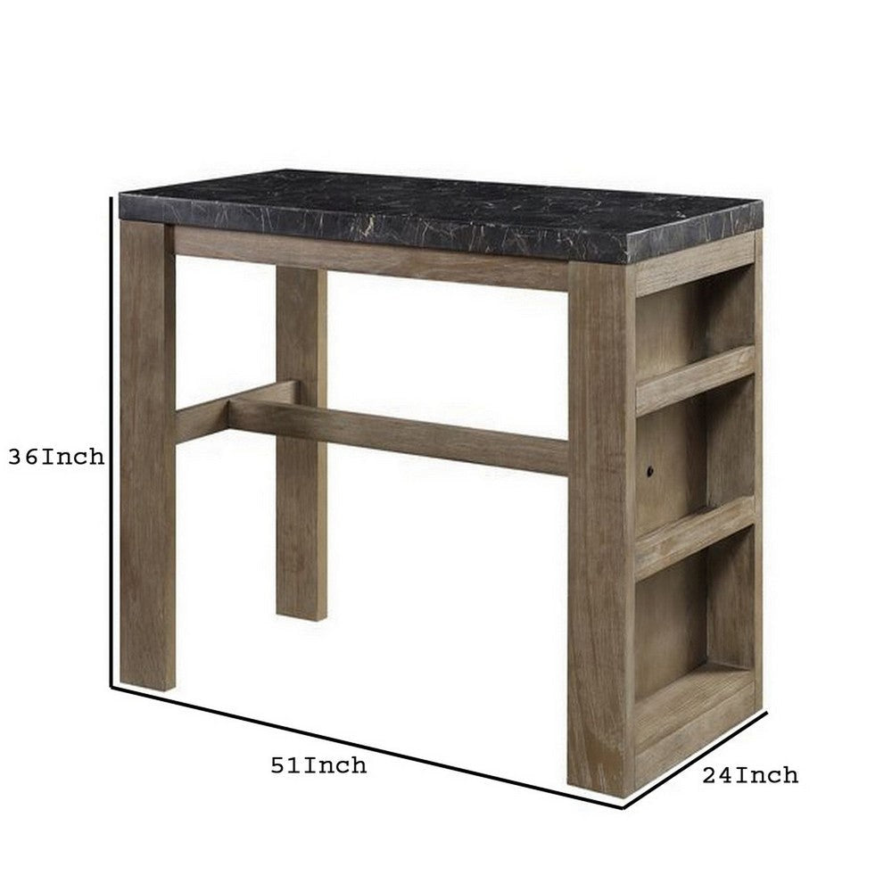 Counter Height Table with Marble Top and 3 Open Compartments Oak Brown By Casagear Home BM251189