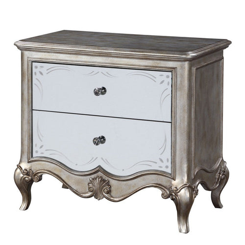 Nightstand with Mirror Front and Molded Trim, Antique Silver