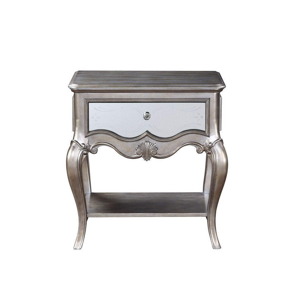 Nightstand with Mirror Panel Front and Molded Trim Antique Silver By Casagear Home BM251276