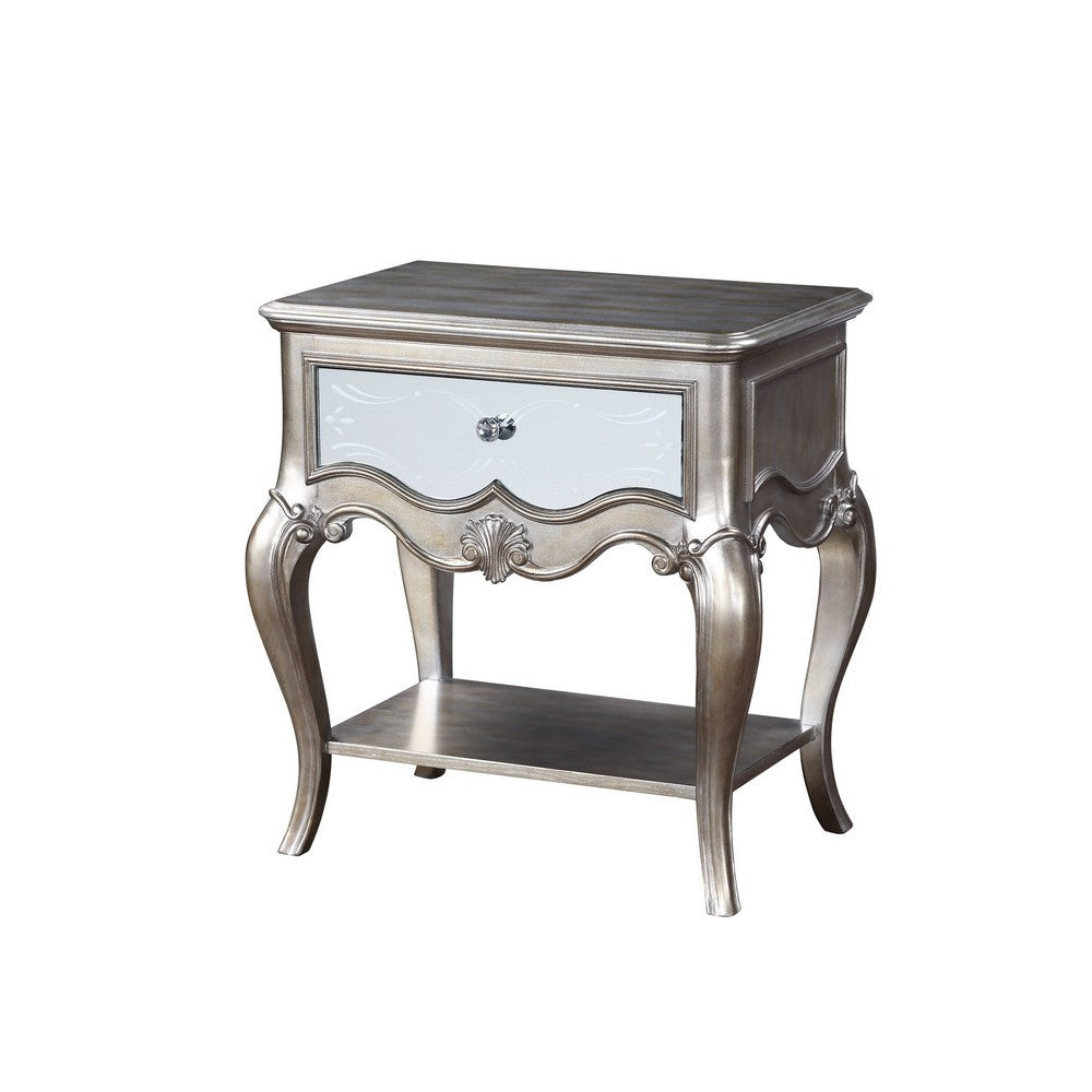 Nightstand with Mirror Panel Front and Molded Trim, Antique Silver By Casagear Home