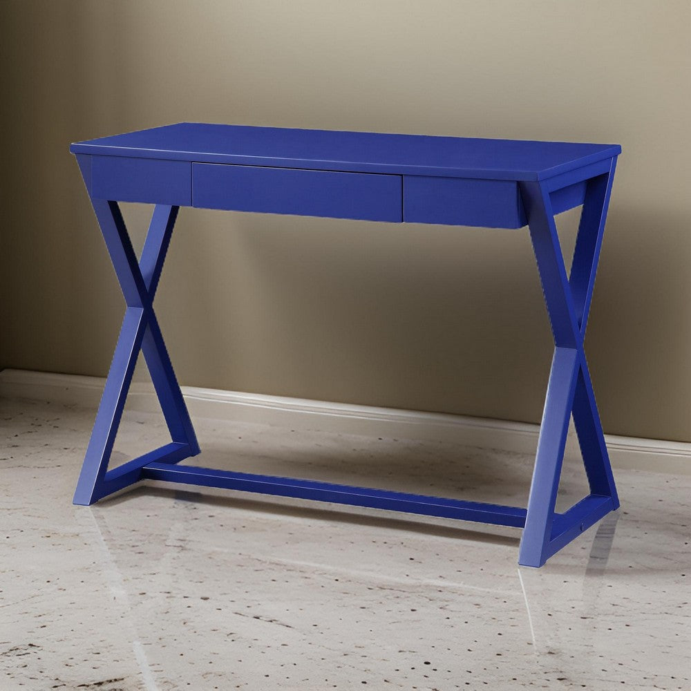 Writing Desk with X Base and 1 Center Drawer, Blue By Casagear Home