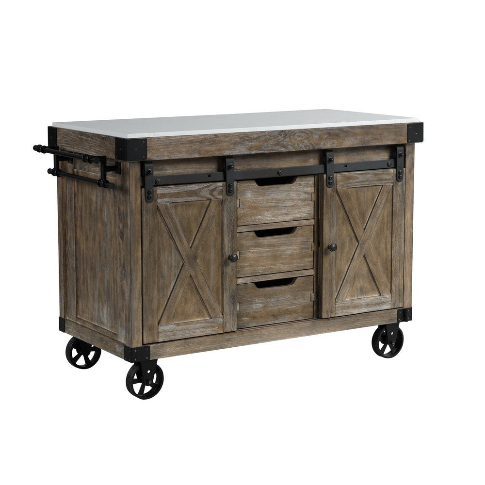 Kitchen Island with 3 Drawers and Barn Sliding, Brown By Casagear Home