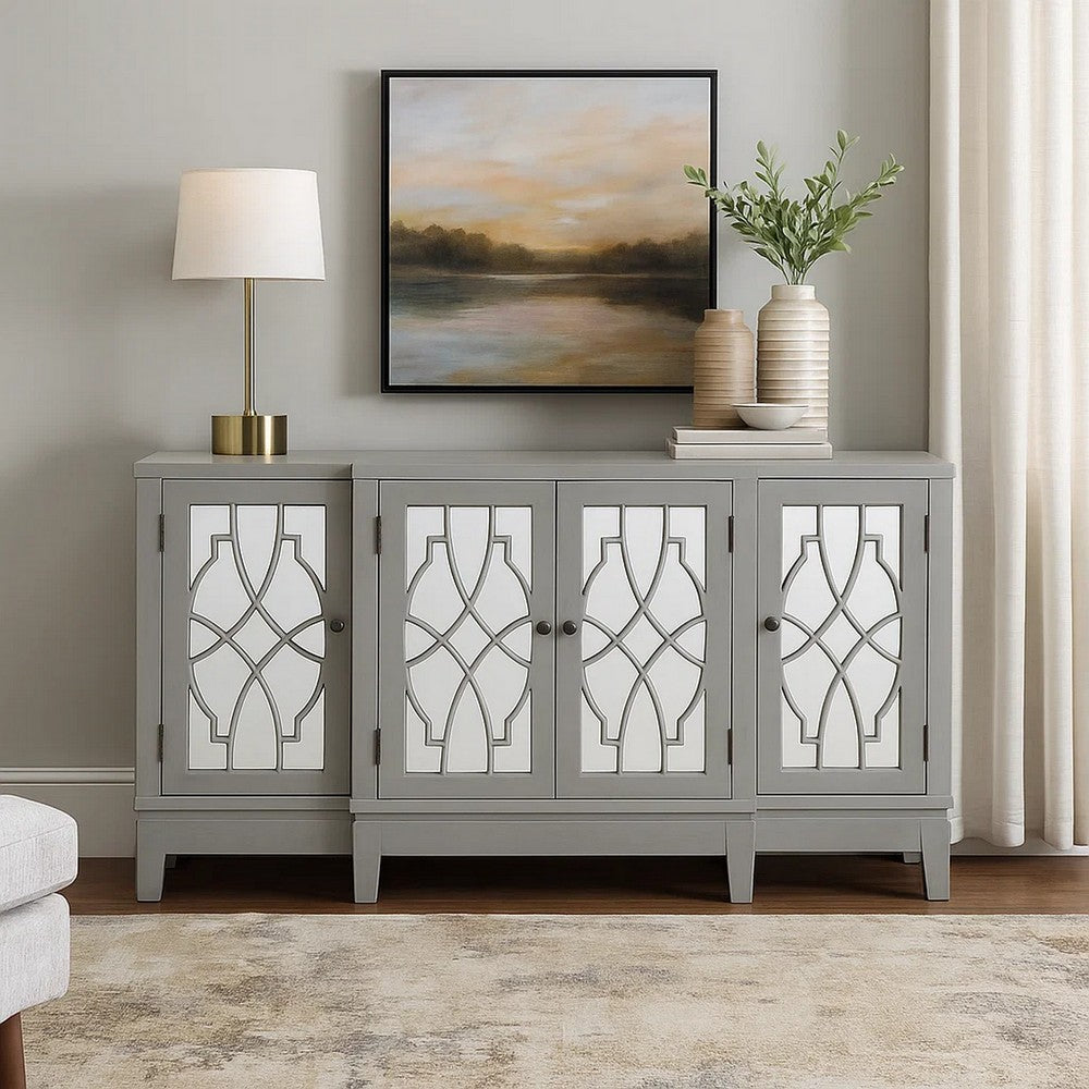 Console Table with 4 Glass Doors and Geometric Front, Gray