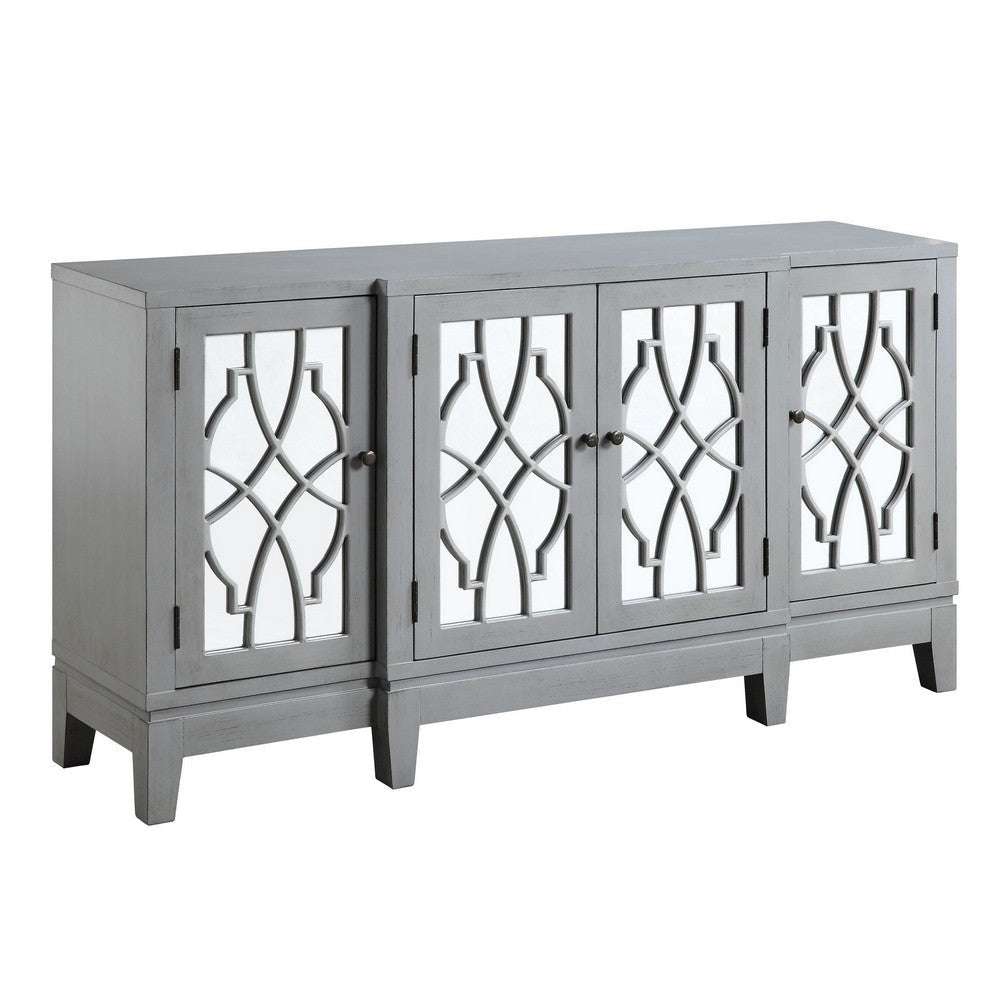 Console Table with 4 Glass Doors and Geometric Front, Gray
