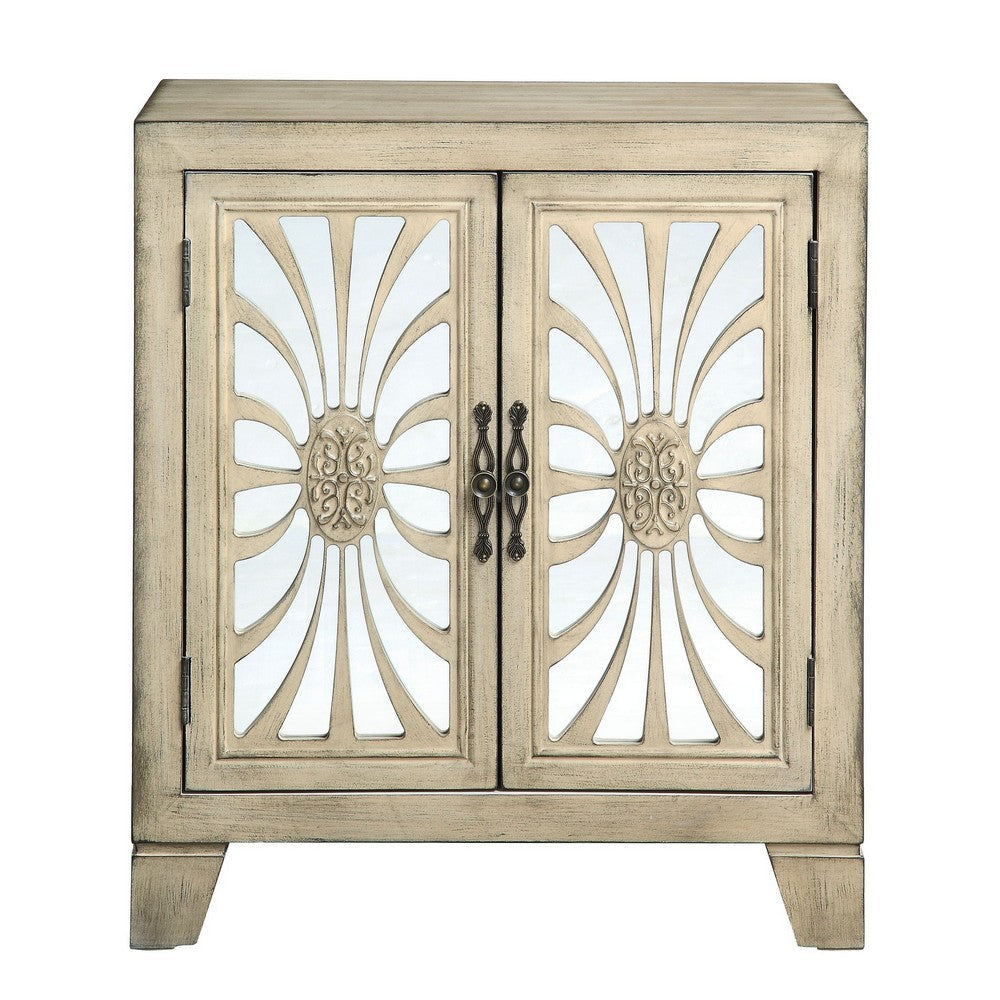 Console Table with 2 Glass Doors and Floral Motif Antique White By Casagear Home BM251335