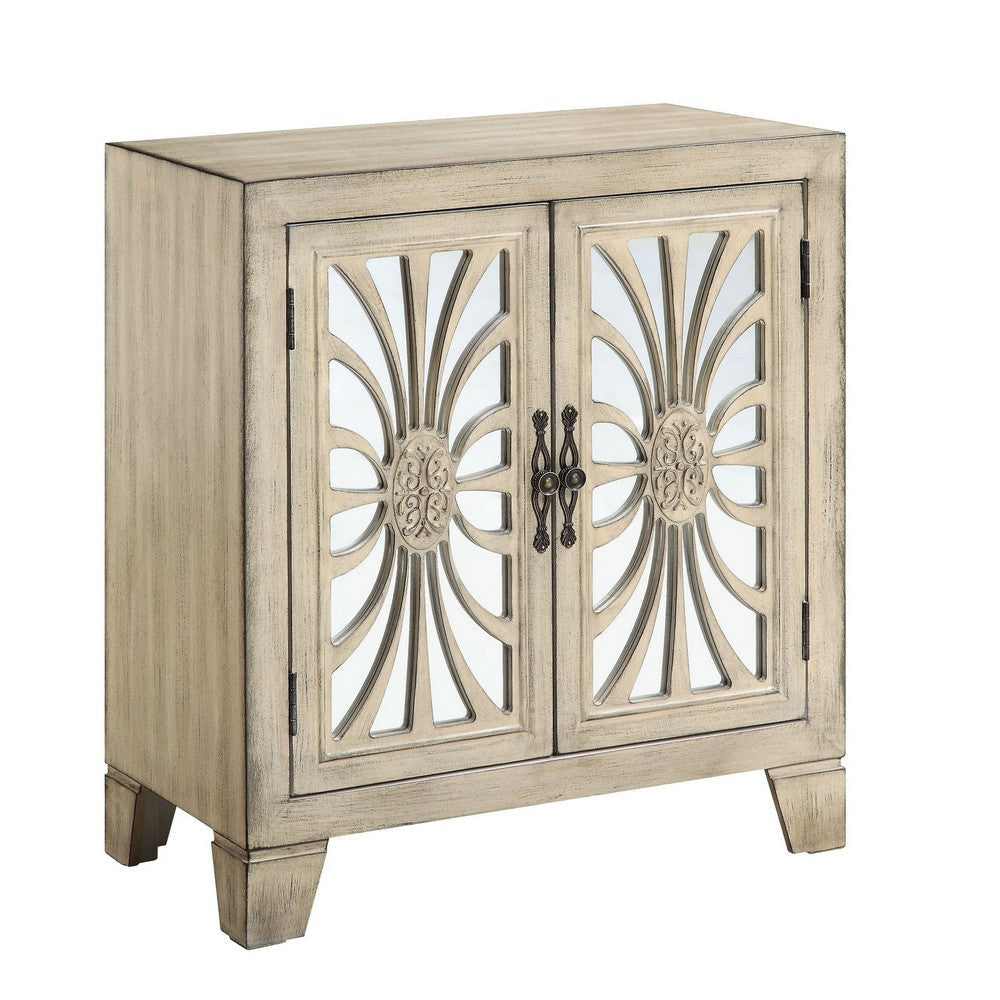 Vivian Console Table | 2 Glass Doors | Floral Motif | Antique White