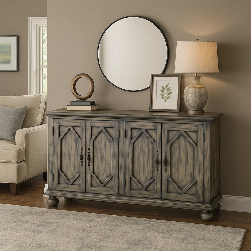Console Table with 4 Doors and Bun Feet, Rustic Gray