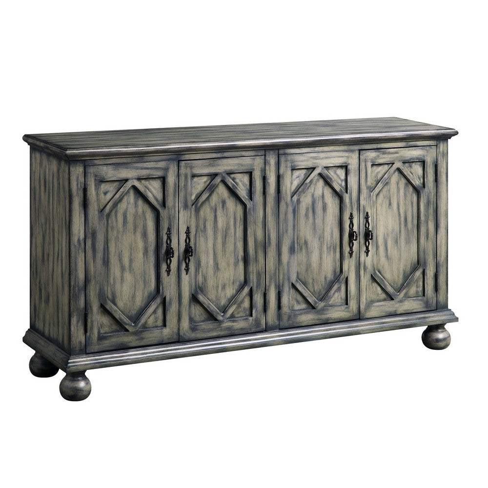 Console Table with 4 Doors and Bun Feet, Rustic Gray