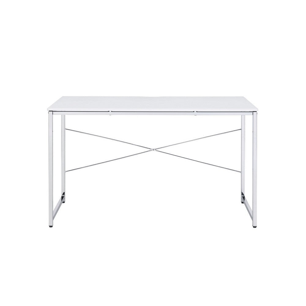 Writing Desk with X Shaped Cross Bar and Chrome Finish White By Casagear Home BM251367