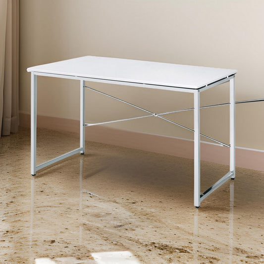 Writing Desk with X Shaped Cross Bar and Chrome Finish, White By Casagear Home
