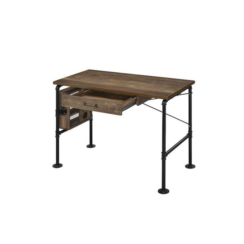 Writing Desk with Industrial Style and 3 Tier Sleek Side Shelves Oak Brown BM251386
