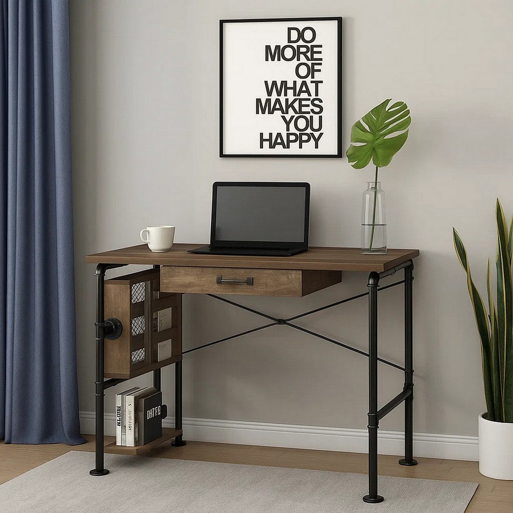 Writing Desk with Industrial Style and 3 Tier Sleek Side Shelves, Oak Brown