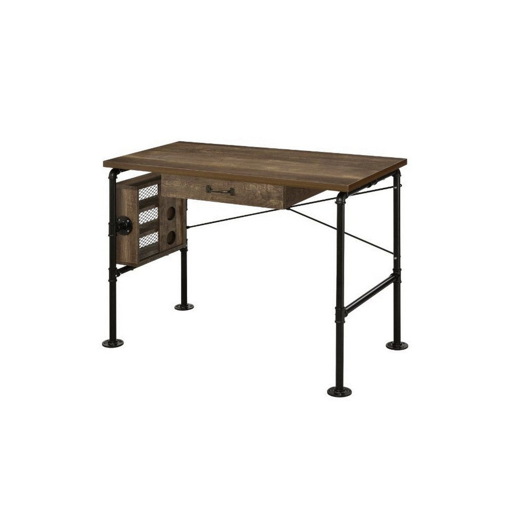 Writing Desk with Industrial Style and 3 Tier Sleek Side Shelves, Oak Brown
