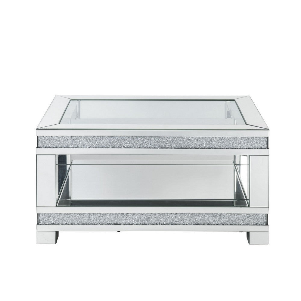 Coffee Table with Open Shelf and Mirror Panels Silver By Casagear Home BM252335