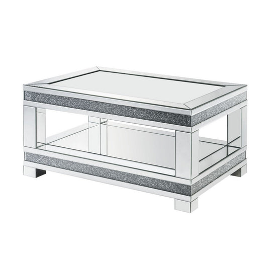 Coffee Table with Open Shelf and Mirror Panels, Silver By Casagear Home