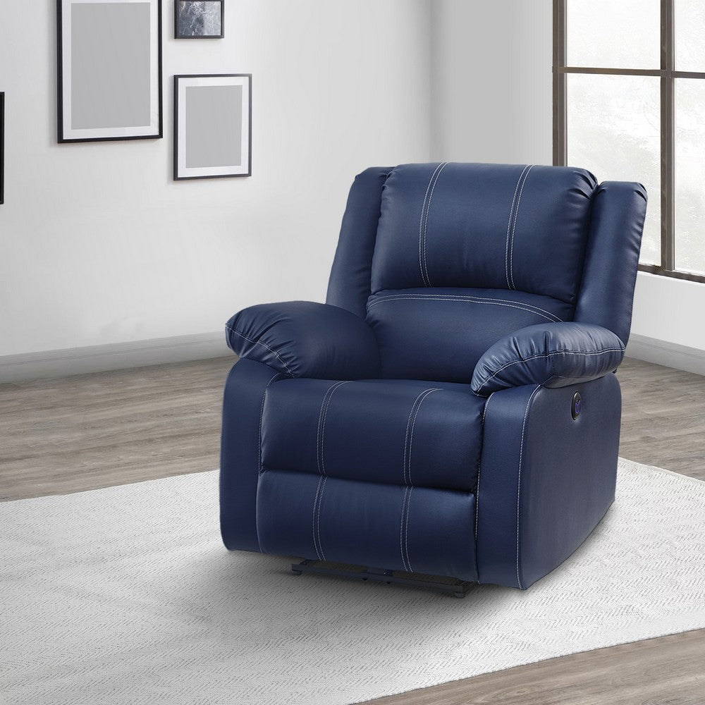 Leatherette Power Recliner Sofa with Pillow Top Armrests Blue By Casagear Home BM252365