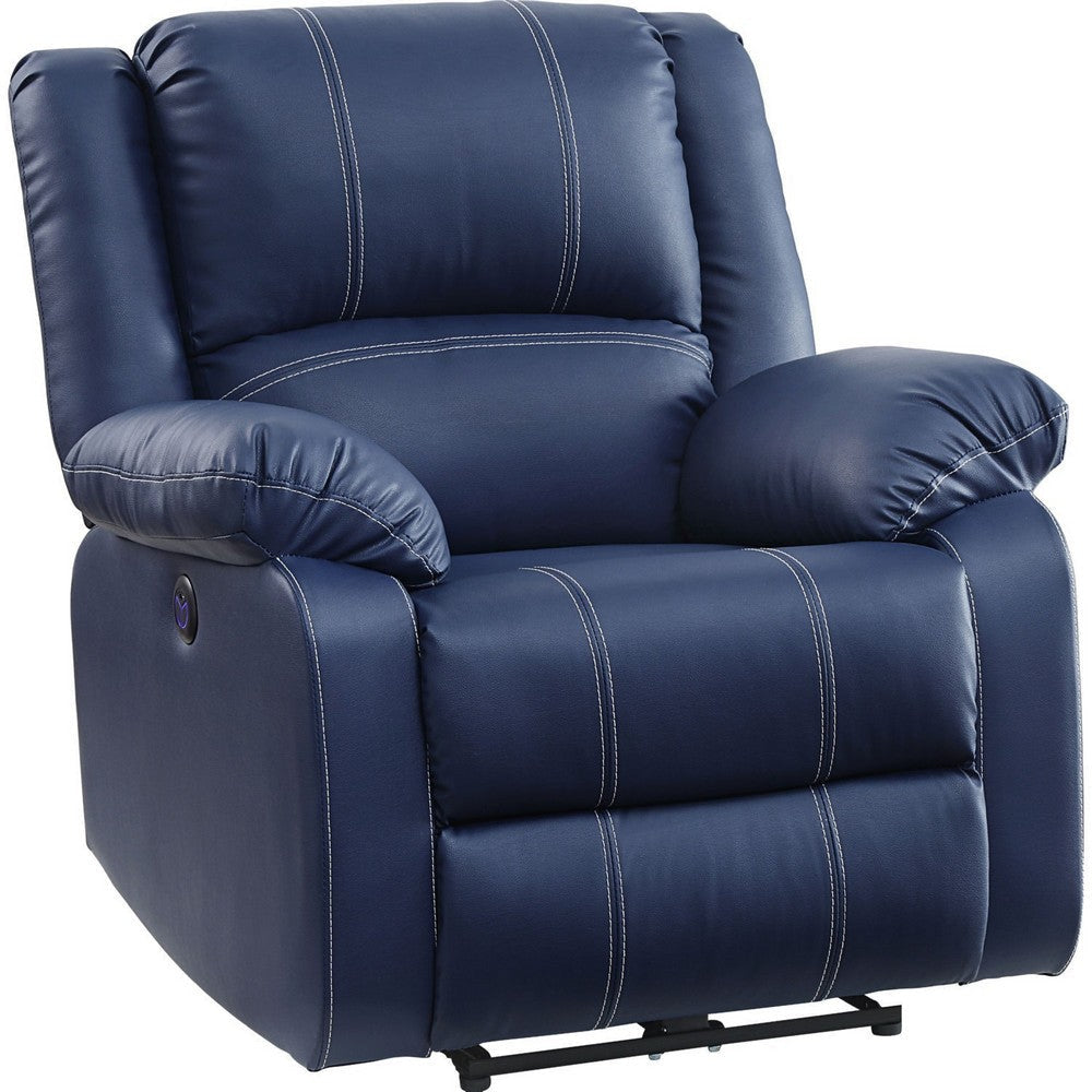 Leatherette Power Recliner Sofa with Pillow Top Armrests, Blue By Casagear Home