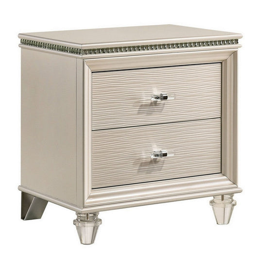 Nightstand with Textured 2 Drawers and Acrylic Legs, Pearl White By Casagear Home