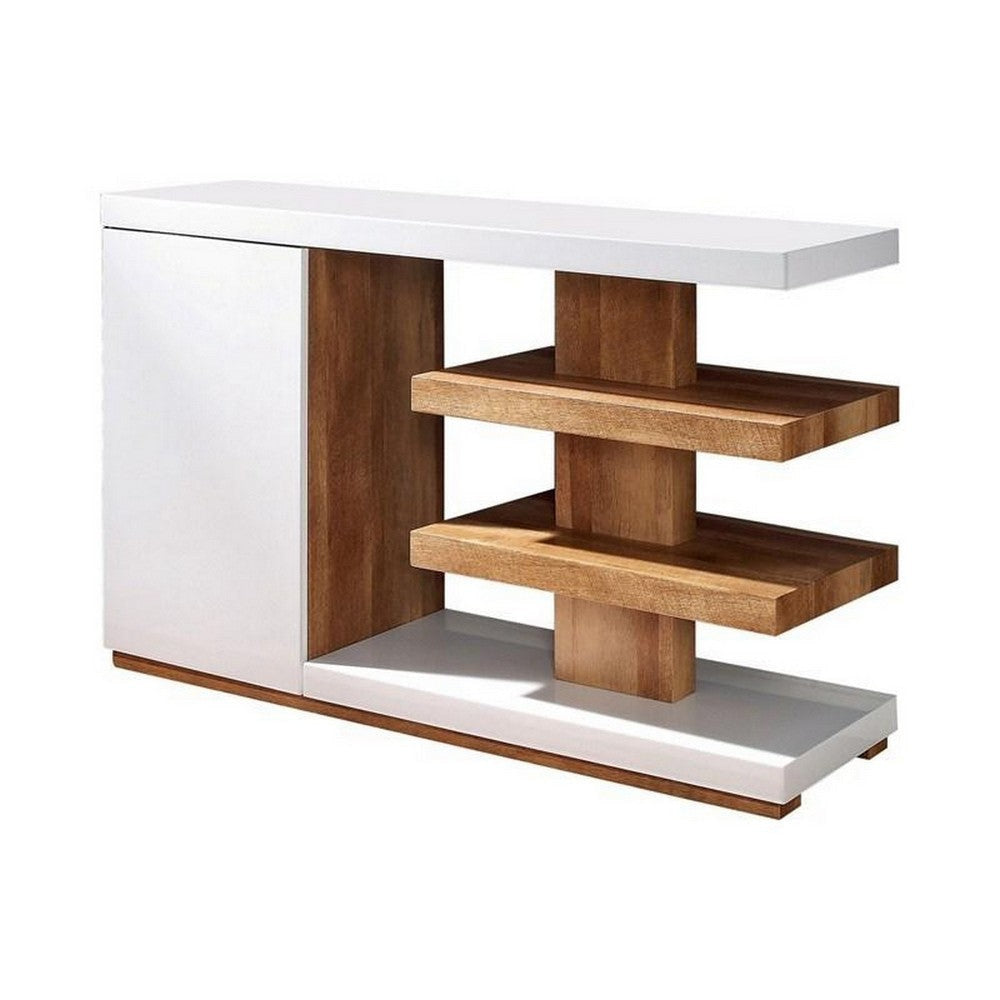 Sofa Table with 1 Door Cabinet and 2 Floating Shelves, White and Brown By Casagear Home