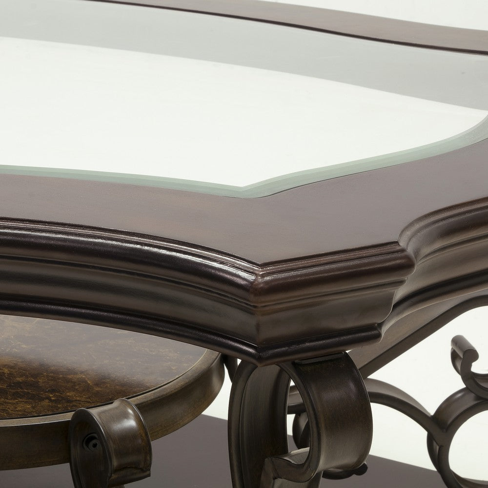 Cocktail Table with Glass Top and Scroll Accent Brown By Casagear Home BM252534