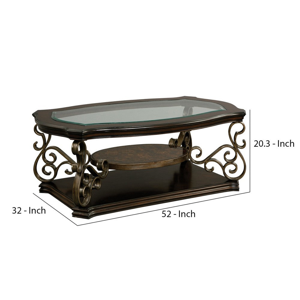 Luxe Cocktail Table | Glass Top | Scroll Accent | 44" | Brown