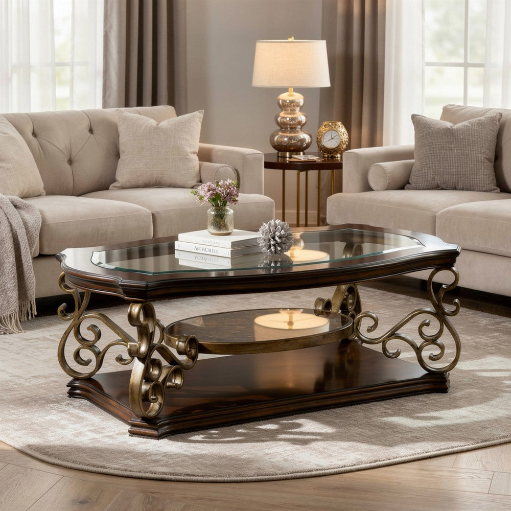 Luxe Cocktail Table | Glass Top | Scroll Accent | 44" | Brown