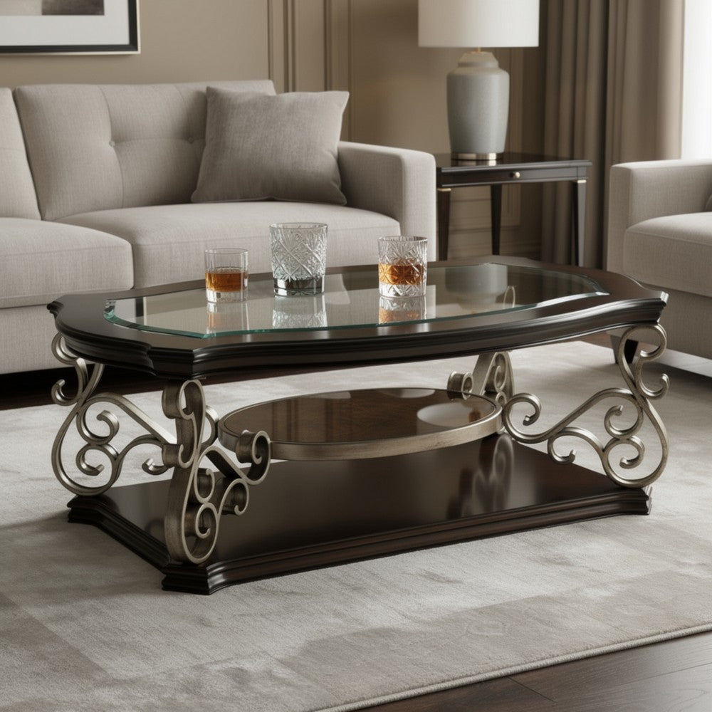 Luxe Cocktail Table | Glass Top | Scroll Accent | 44" | Brown
