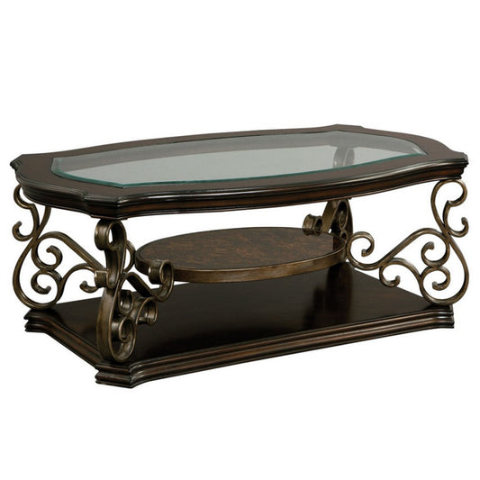 Luxe Cocktail Table | Glass Top | Scroll Accent | 44" | Brown