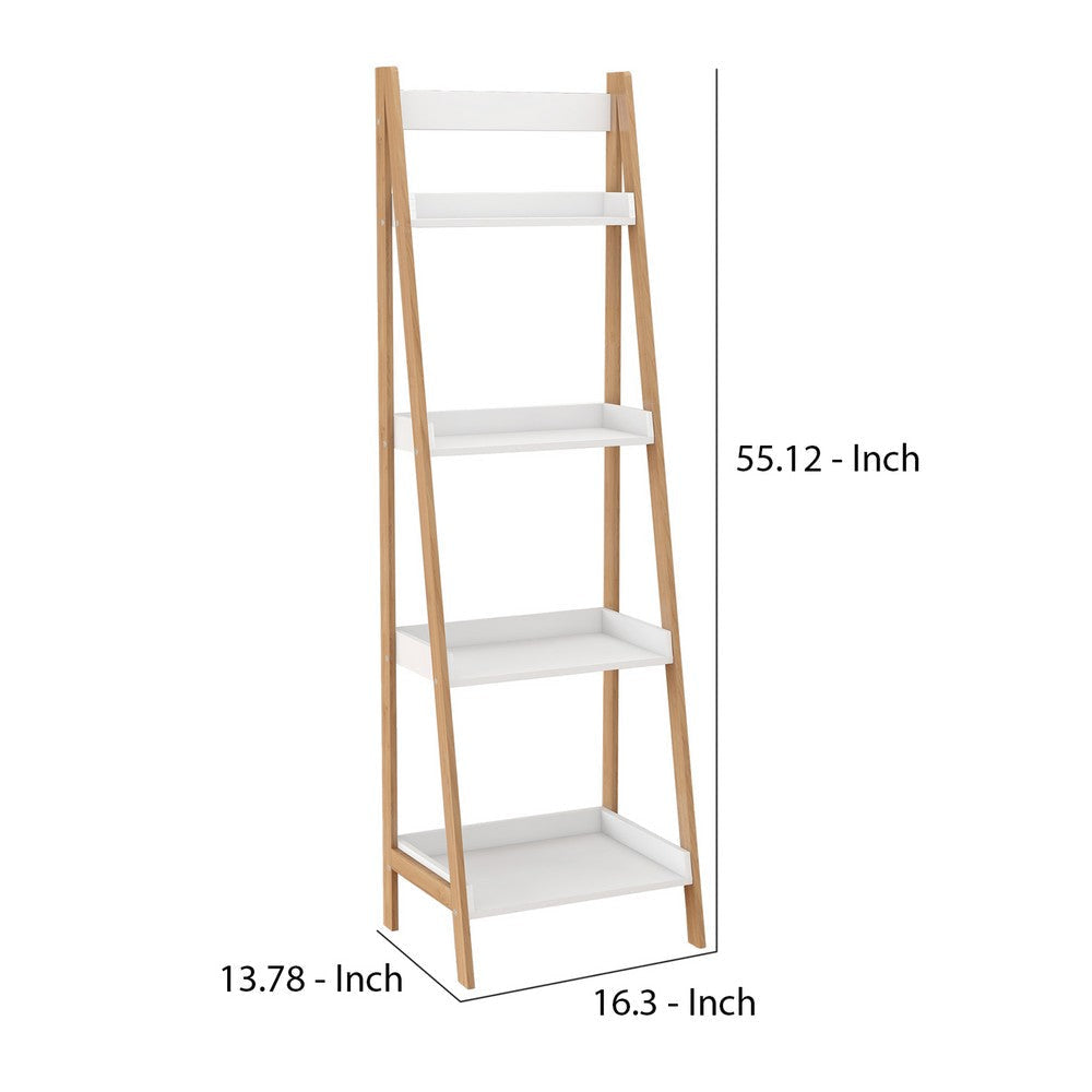 4 Tier Bookshelf with Ladder Style and Raised Edges White and Brown By Casagear Home BM252558