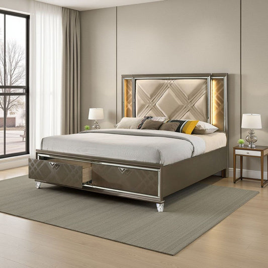 Full Bed with 2 Drawers and Padded Headboard, Brown