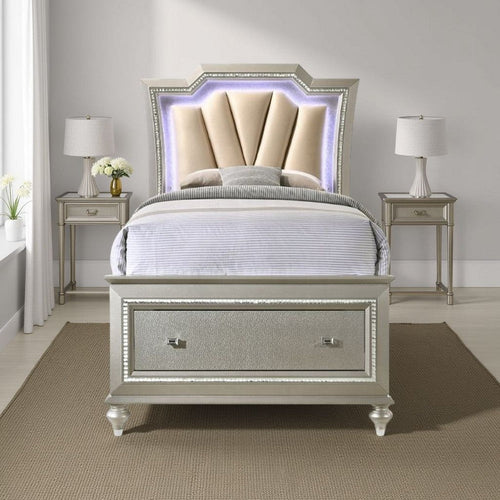 Full Bed with 1 Drawer and Padded Headboard, Champagne Gold