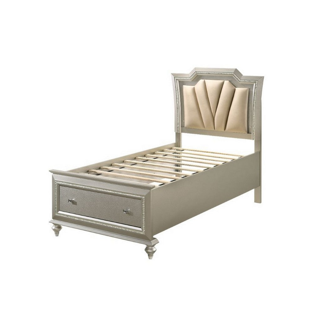 Full Bed with 1 Drawer and Padded Headboard, Champagne Gold