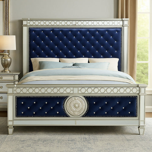 Queen Bed with Button Tufting and Mirror Trim, Black