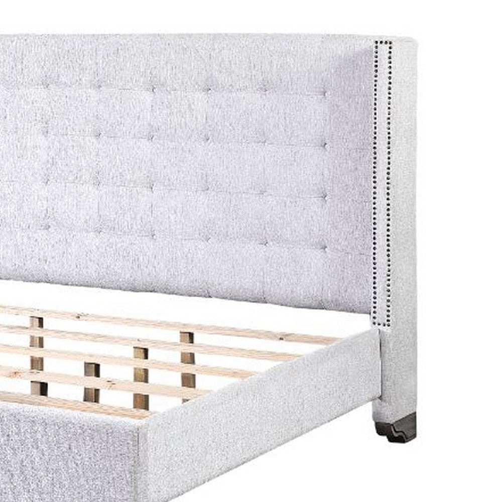 Queen Bed with Full Fabric Upholstery and Tufting Light Gray BM252725