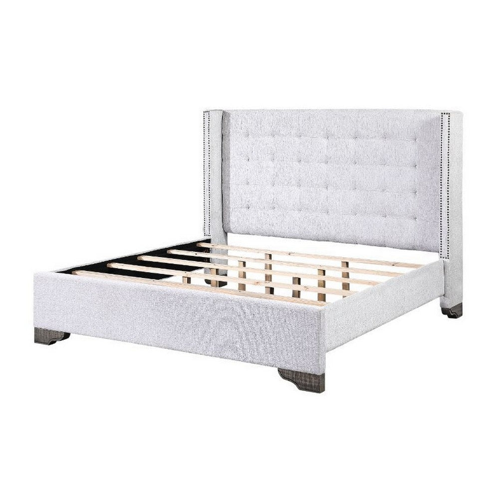 Queen Bed with Full Fabric Upholstery and Tufting, Light Gray