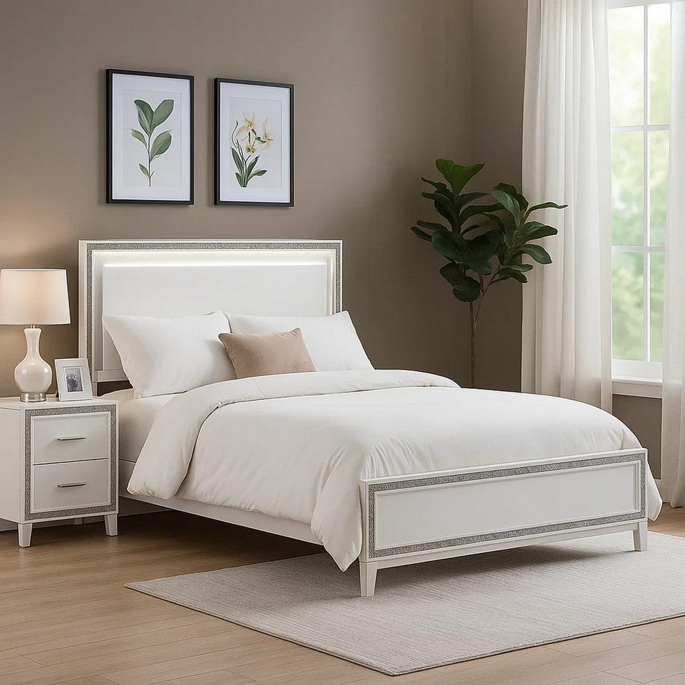 Queen Bed with LED Headboard and Shimmering Trim, White