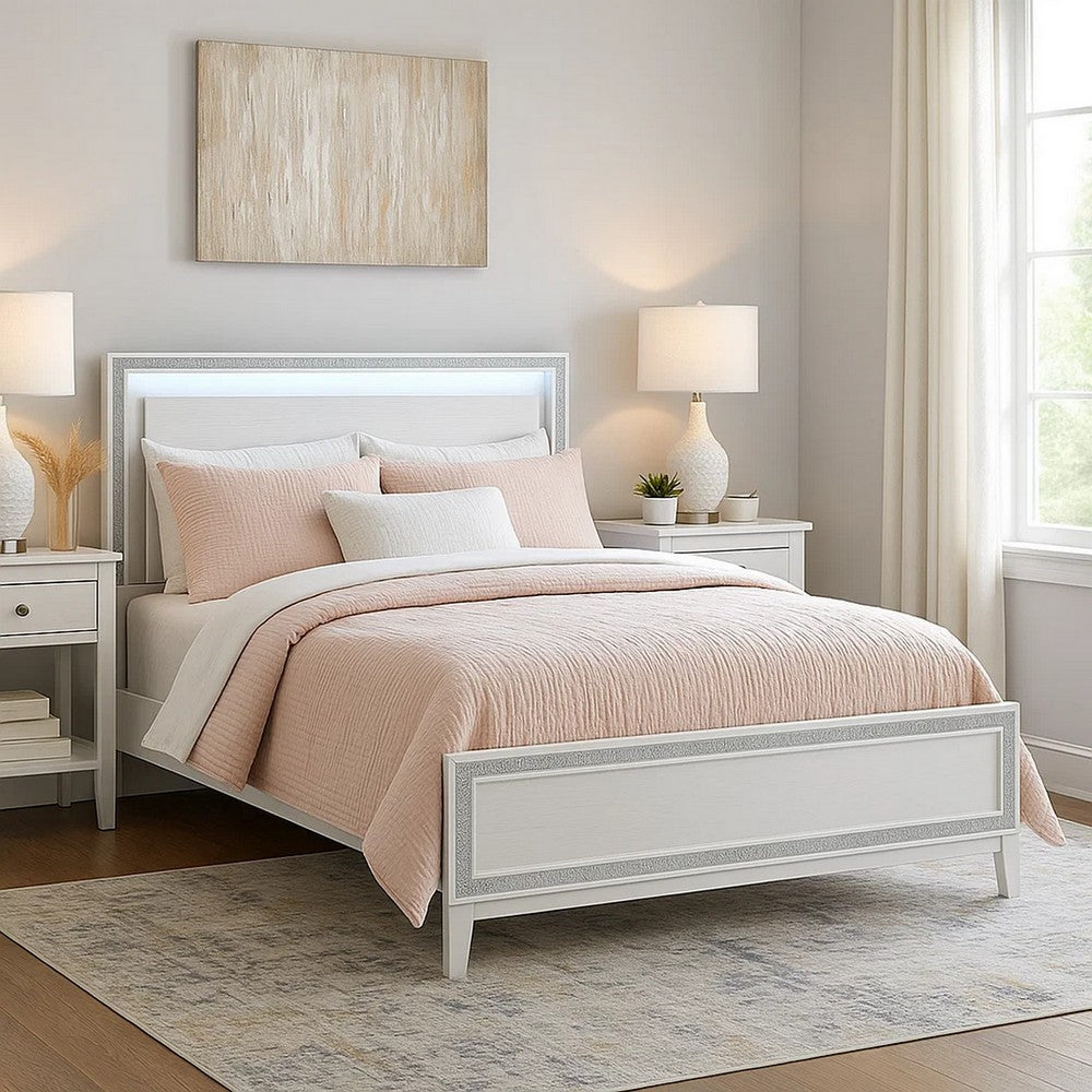 Queen Bed with LED Headboard and Shimmering Trim, White