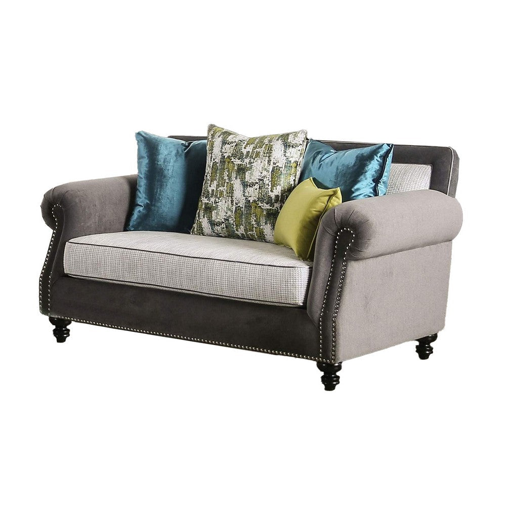 Loveseat with Rolled Arms and 4 Accent Pillows, Gray
