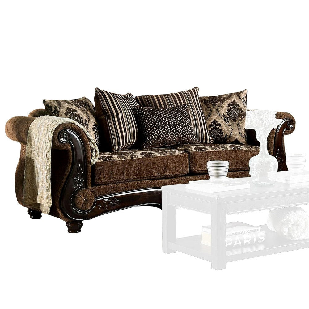 Sofa with Damask Pattern and Rolled Arms, Brown By Casagear Home