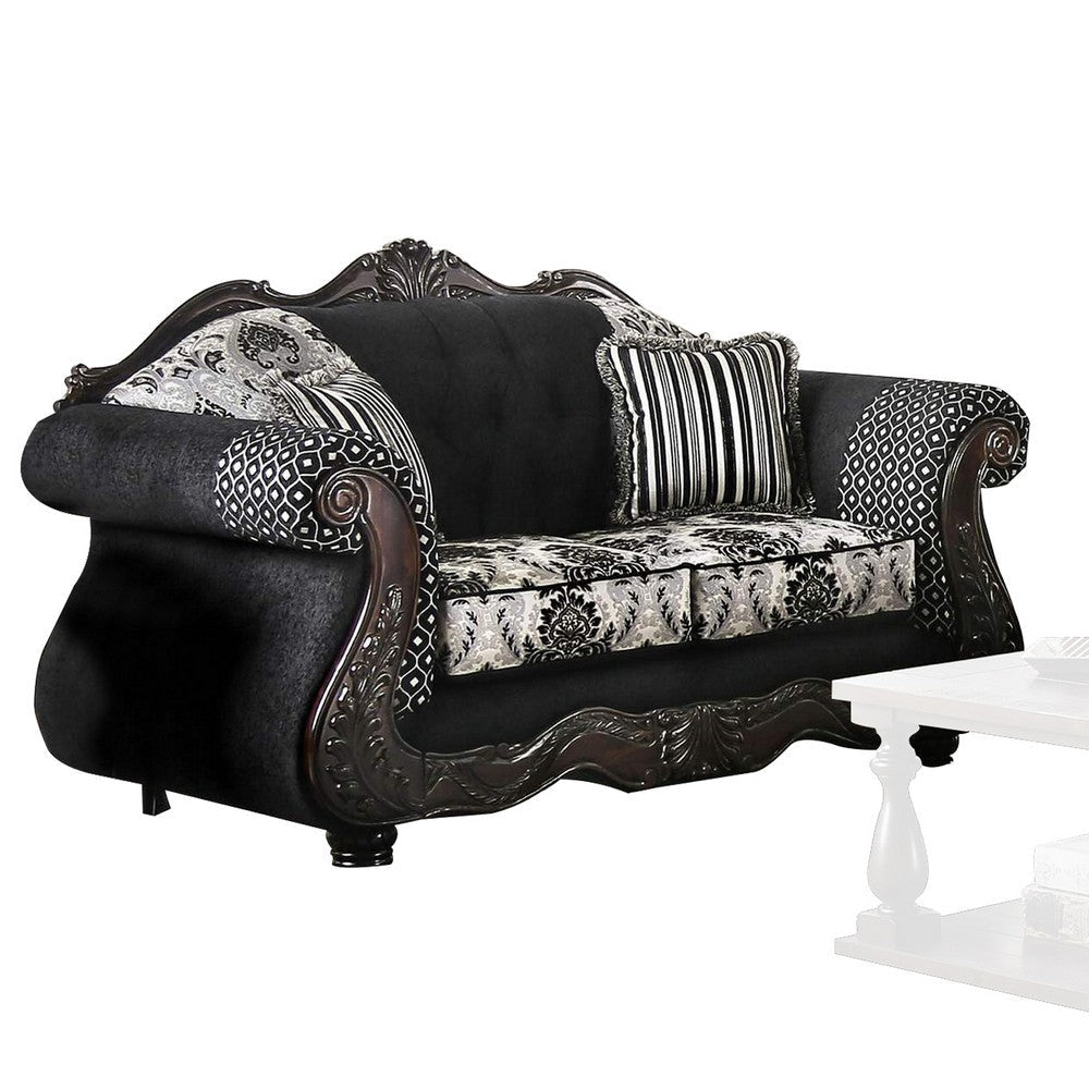 Loveseat with Scalloped Crown Top Back and Damask Pattern, Gray By Casagear Home