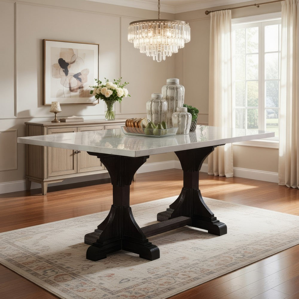 Dining Table with Marble Top and Trestle Base, Offwhite