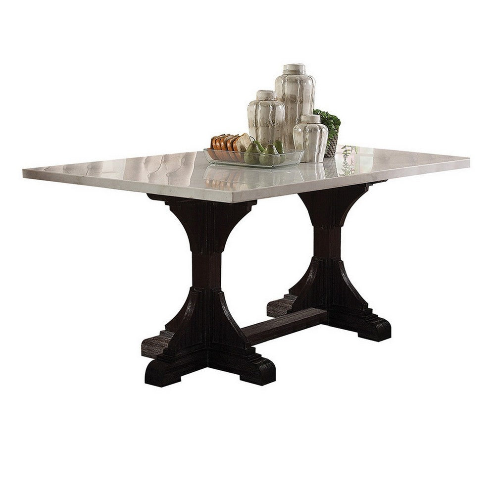 Dining Table with Marble Top and Trestle Base, Offwhite